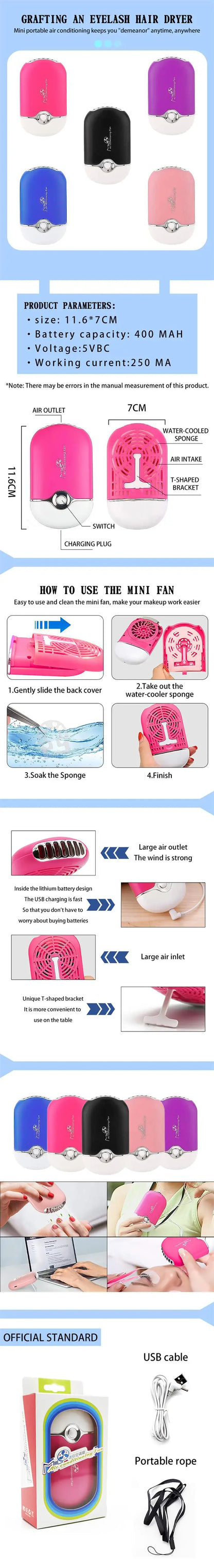 MASSA USB Mini øjenvipper Ventilator til hurtig tørring Lash lim Tørretumbler, Eyelash forlængerværktøj til professionel makeup