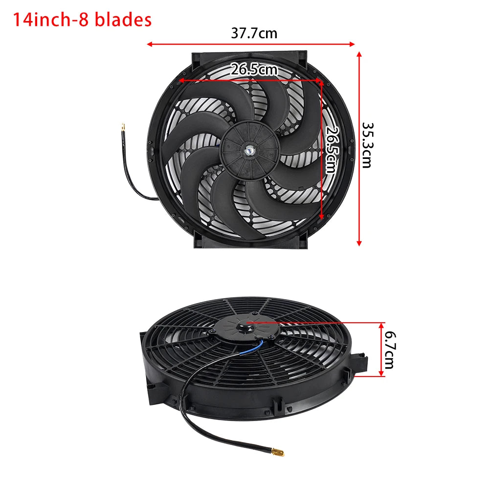 Universal 7/9/10/12/14/16 Tommer 12V 80W Bil Radiator Køleskab Fan Blade • Elektrisk Air Conditioning Fan Kit 2100RPM