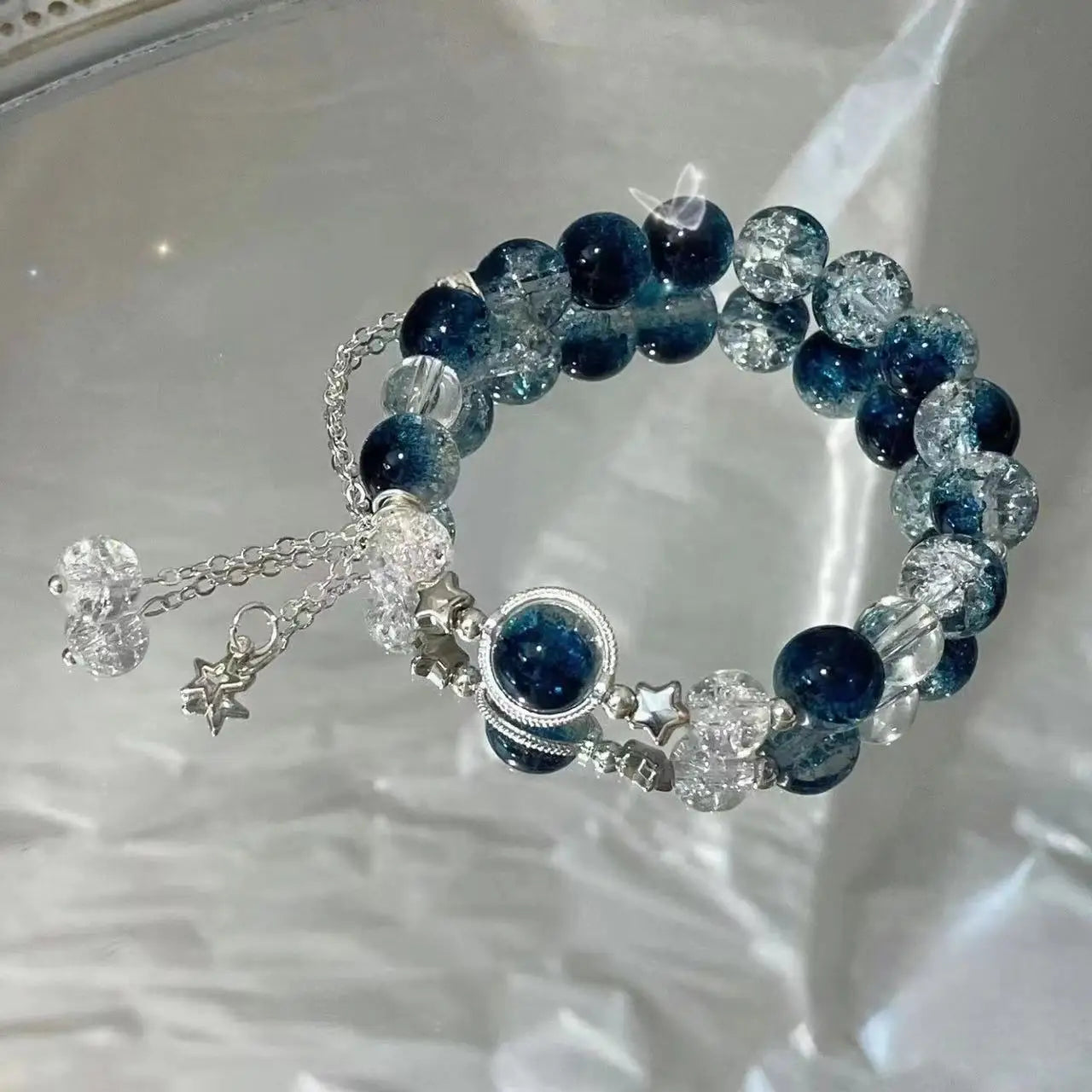 Niche Design Star Chain Tassel Armbånd Fantasy Blue Crystal perler elastisk reb armbånd til kvinder