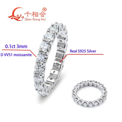 0.1ct 3mm D VVS Moissanite Fuld Eternity Band Ring 925 Sterling Sølv Engagement & Party Smykker for kvinder