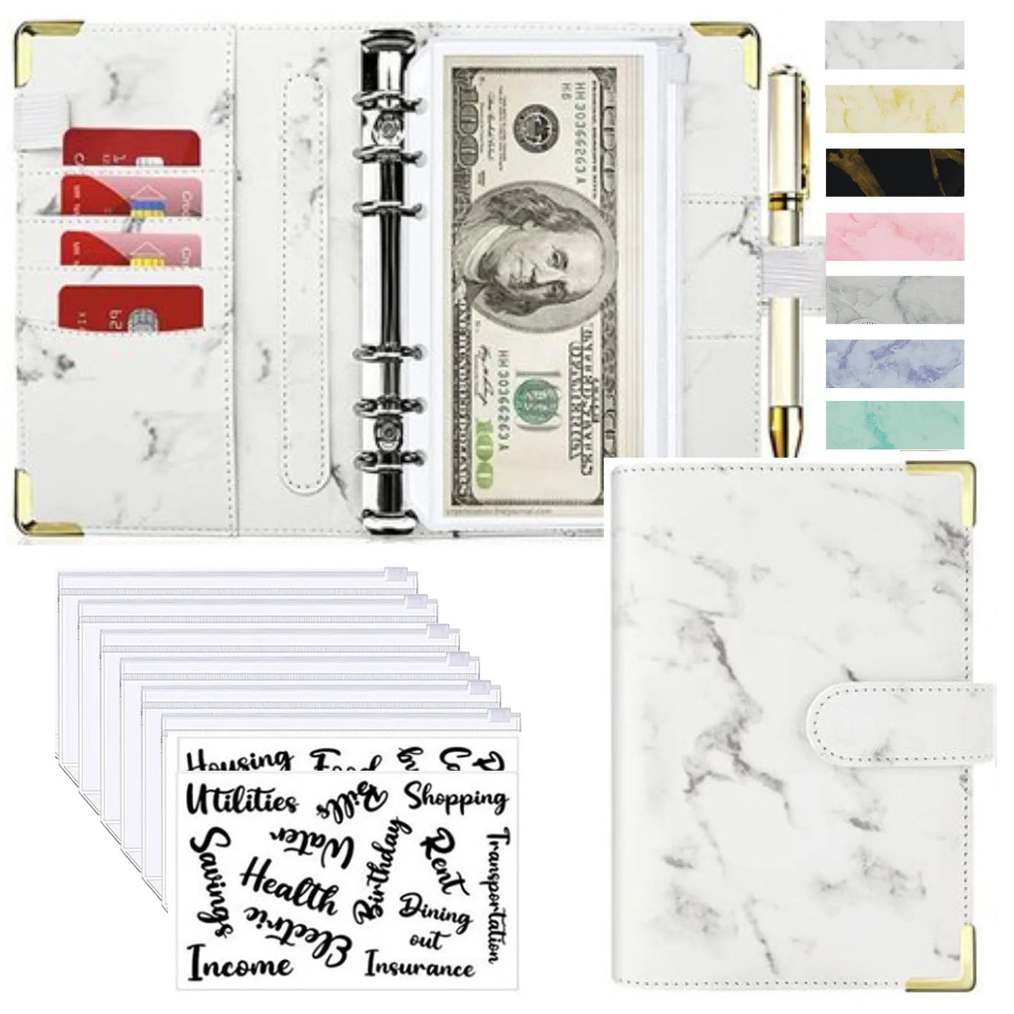 A6 PU Leather Budget Planner – Marble Notebook & Money Saving Organizer for Office, School & Personal Finance